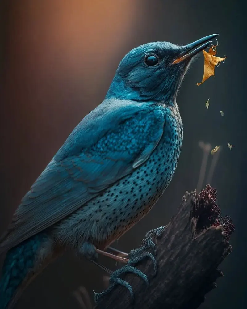 A painterly blue rock thrush, Malta's national bird, on a dark ground